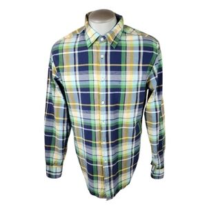 J.Crew Button Front Plaid Shirt Tailored Fit Cotton Blue Green Yellow Size Large